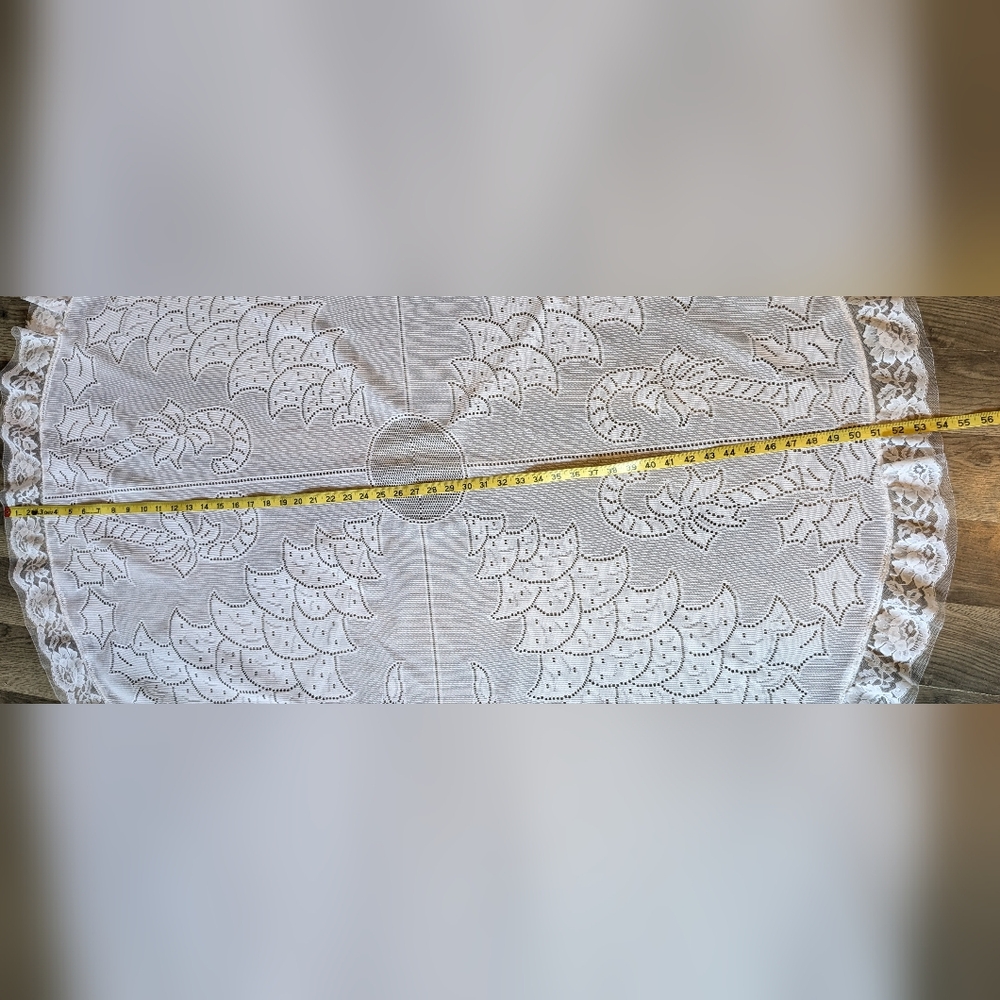 Vintage Christmas Table Cloth Skirt 54" Lace Sheer White Candy Canes Holidays - Picture 5 of 8